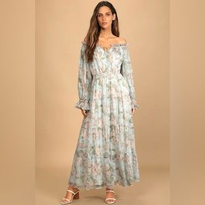 Perfectly blissful Light Blue Floral Off-Shoulder Maxi Dress